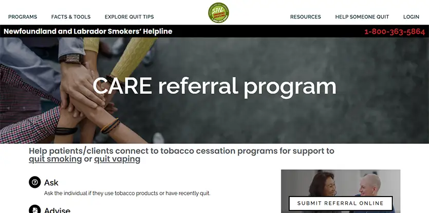 NEWFOUNDLAND AND LABRADOR SMOKERS' HELPLINE CARE REFERRAL PROGRAM Image